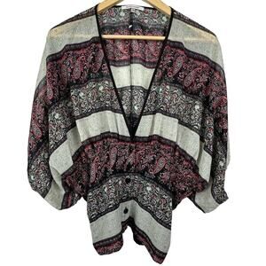 Quintessential L Gray/Red Paisley Loose Top and Fitted Waist Buckle Accent Boho